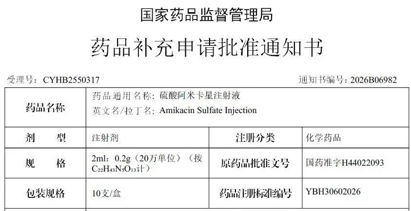 白云山天心硫酸阿米卡星注射液通过仿制药质量和疗效一致性评价